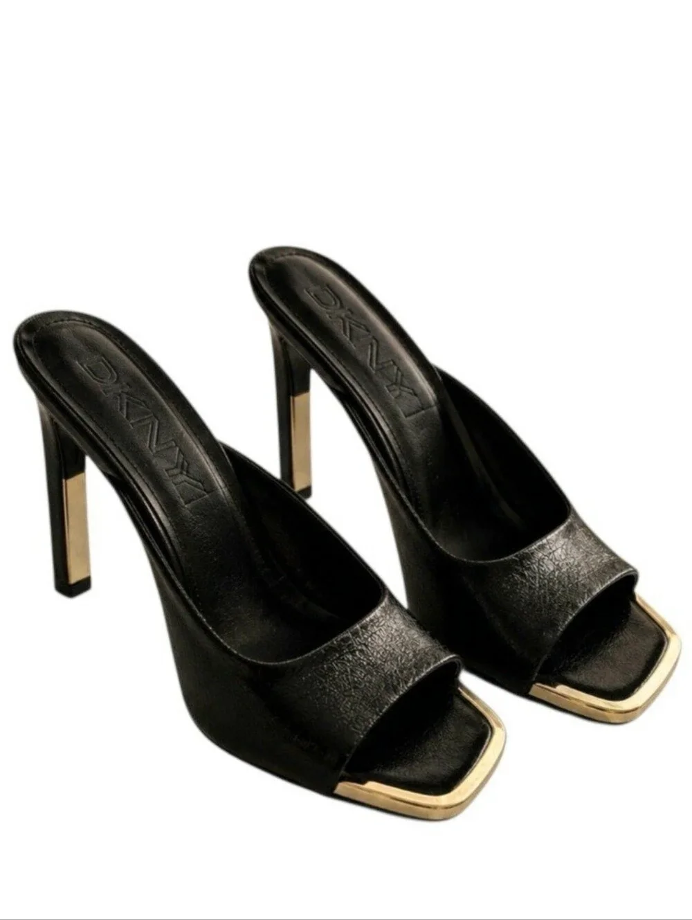 New DKNY Arleen Black Vegan Leather Open-Toe High Heel Mules w/Gold Trim Sz 10M